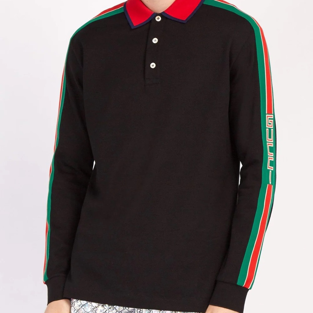 Gucci Black Polo with Red and Green Stripe Sleeves